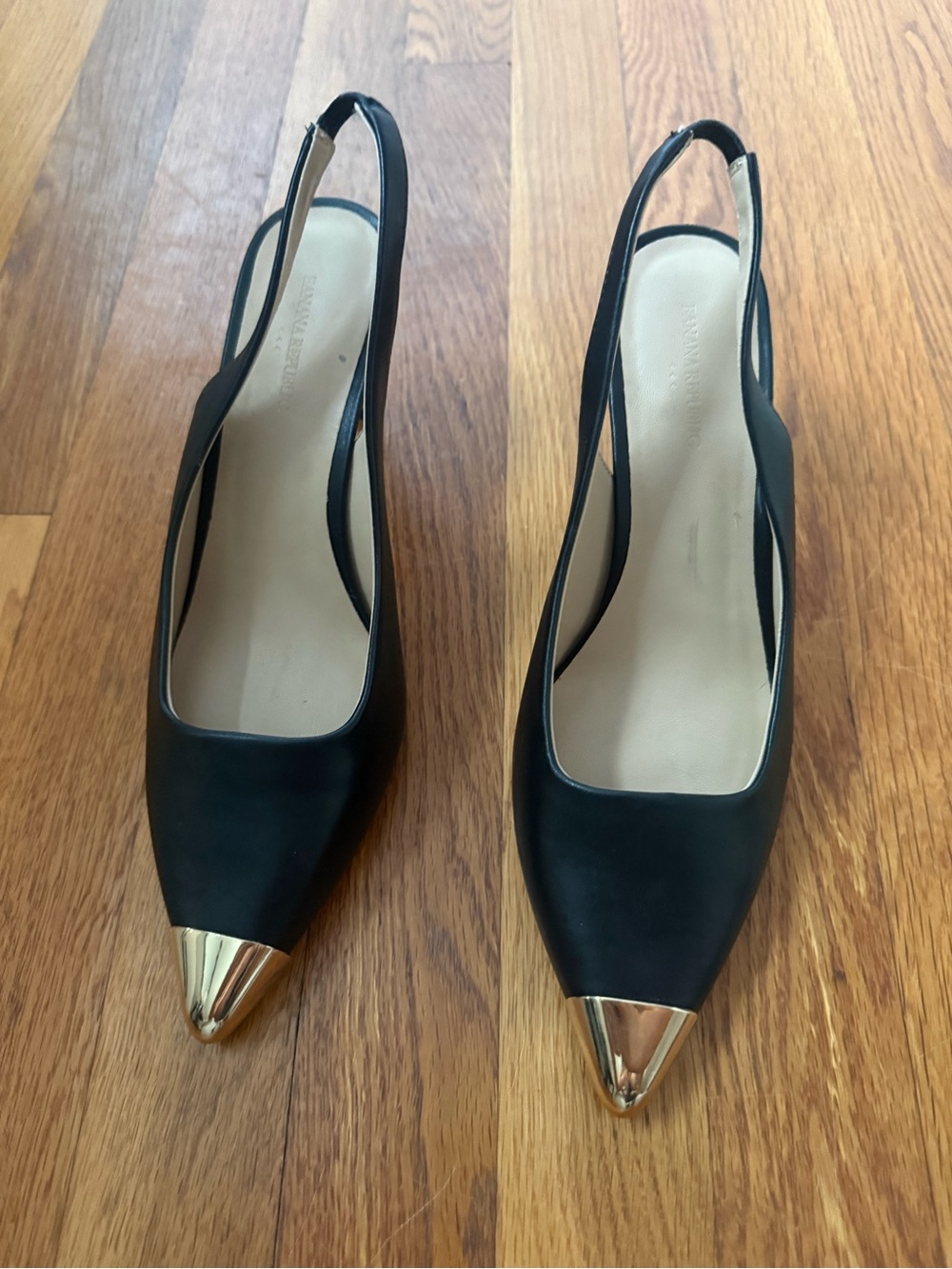 Banana Republic Black Slingback Mules with Gold Cap Toe